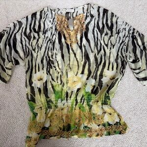 Chico's Vetiver Dream Shay Olive Branch Zebra Print Sheer Top Gold Embroidery